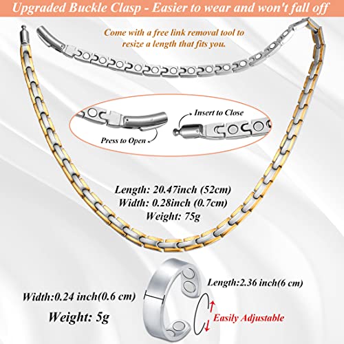 Titanium Necklace for Men Women - Magnetic Necklace Ultra Strength Magnets - with Adjustable Sizing Tool and Present Box - color: Silver & Gold