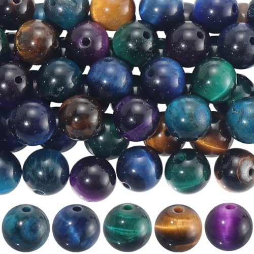 1 Box 8MM 60PCS 5 Colors Tiger Eye Beads with Holes Natural Round Colorful Gemstone Smooth Polished Loose Spacer Bead Bulk for Jewelry Making Earrings Bracelets Necklaces DIY Craft Supply - size: 8MM 60pcs