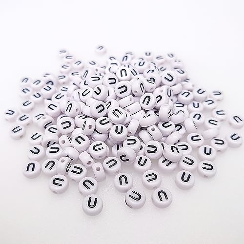 200+ Pieces 4x7mm Single Vowel U Letter Beads for Jewelry Making, White Round Acrylic Bulk Alphabet (Black on White) - size: Single letter U 200+ Pcs