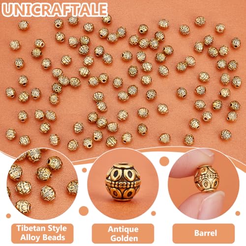 UNICRAFTALE About 100Pcs Tibetan Barrel Beads 7mm Antique Gold Beads Rondelle Spacer Beads with Large Hole Beading Bracelet Making Beads for Bracelet Jewelry Making Accessories Hole 1.8mm