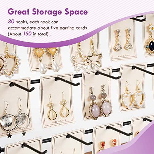 Poyilooo Jewelry Display Stand for Vendors, 30 Hooks Wood Earring Display with Advertising Board, Large Capacity Earring Display Stands Rack for Earring Cards - color: Weathered White