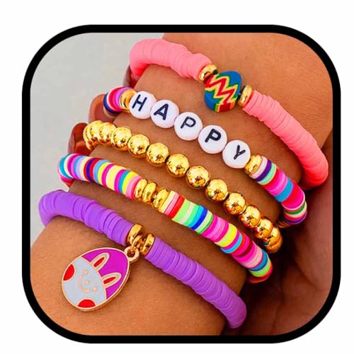 JEWEKY Easter Heishi Bracelets Gold Beaded Polymer Clay Bunny Pendant Bracelet Jewelry Accessories - color: A-Easter