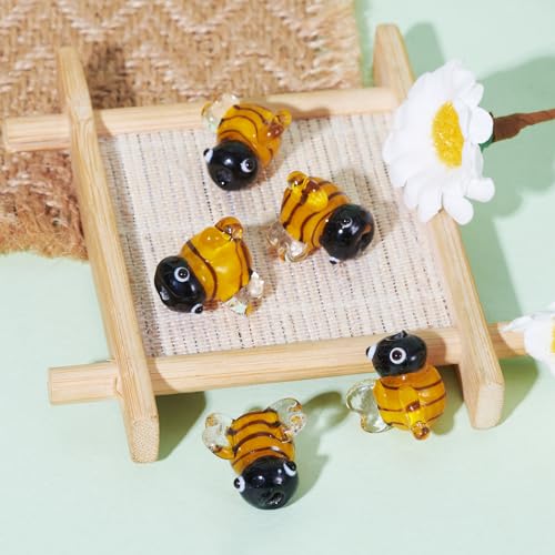 Pandahall 5Pcs Handmade 3D Bees Lampwork Glass Beads Insect Theme Yellow Honeybee Bumblebee Loose Spacer Beads for Summer Boho Hawaii DIY Jewelry Making, Hole: 1.2-1.4mm