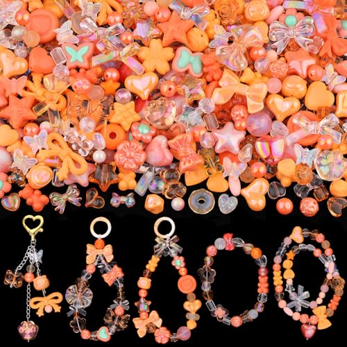 200-260PCS TINKRSTUFF Assorted Acrylic Beads Orange Cute Beads for Bracelet Making, Bow Aesthetic GummyBear Flower Candy Butterfly Kawaii Charms for Jewelry Making DIY Necklace Keychain Phone Charm - color: Orange