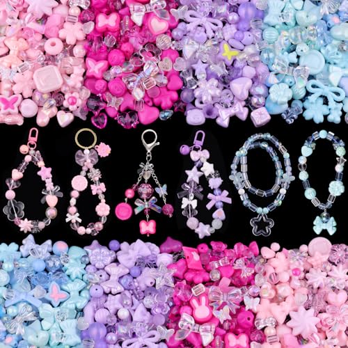 210-270PCS TINKRSTUFF Assorted Acrylic Beads,4 Mixed Colors Cute Beads for Bracelet Making, Bow Flower GummyBear Kawaii Charms, Aesthetic Bead for Necklace Keychain Jewelry Making DIY Phone Charm - color: 4 Color Series-Pink+Blue+Purple+Rose Pink