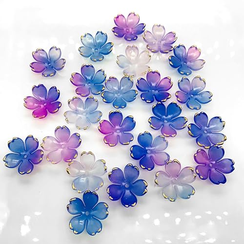 50Pcs Cherry Blossom Acrylic Flower Beads, Mini Floral Spacer Beads for Jewelry Making 5-Petal Gradient Flower Bead Gold-Plated Flowers Bead Charms for Bracelets (Blue-Violet Gradient) - color: Blue-Violet Gradient