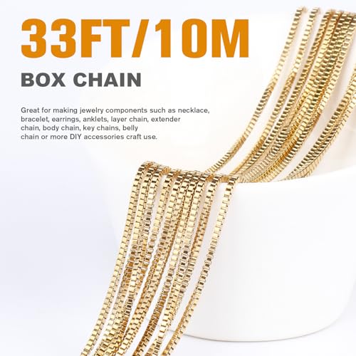 33FT 18K Gold PVD Plated Box Chains Roll, 1.5mm Gold Stainless Steel Box Chain Spool Bulk for DIY Jewelry Making Necklace Bracelet - color: gold, size: 1.5mm