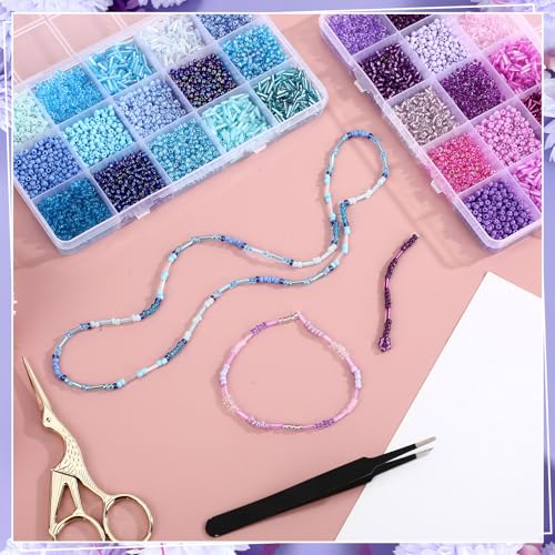 Jexine 2 Sets 30 Colors Glass Seed and Bugle Beads Kit Small Loose Craft Beads for Jewelry Making DIY Crafts Bracelets and Necklaces(Blue, Purple) - color: Blue, Purple