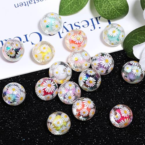 15Pcs Acrylic Beads Round 16mm UV Bead in Bead with Daisy Print Fit for DIY Jewelry Bracelet Necklace Keychain Beadable Pens Mobile Phone Chain Making Cute (Daisy-Mixed Color) - color: Daisy-Mixed color