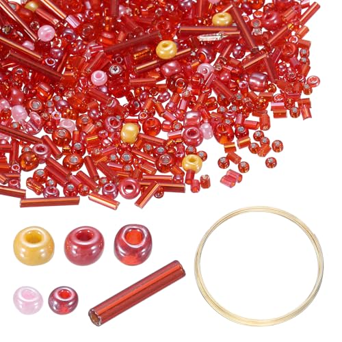 uxcell 3000pcs Glass Seed Beads, 1.5-4.5mm Small Embroidery Bugle Beads Assorted Tube Bead Loose Kit for Jewelry Making DIY Craft Beading Bracelets Necklace Earring (Red) - color: Red