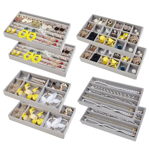 SPAKOWN Stackable Jewelry Organizer Trays for Drawer Set of 8 Adjustable Velvet Jewelry Tray Earring Organizer Necklace Ring Bracelet Display Case for Women Girl (Grey) - color: Grey