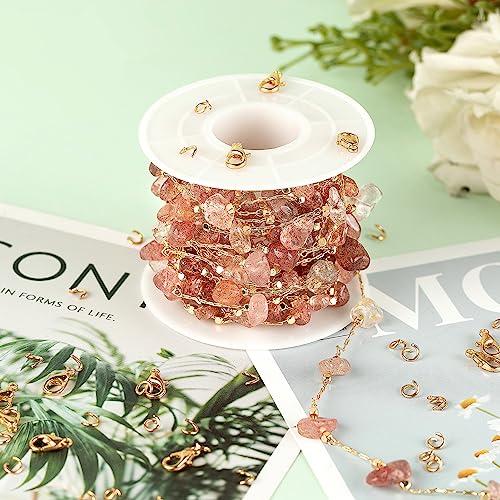 KYUNHOO 16.4ft Handmade Natural Raw Healing Crystal Natural Gemstone Brass Chain for Jewelry Making DIY Crafts Gold Chain Roll with Jump Rings and Lobster Clasps - color: Natural Stone-Strawberry