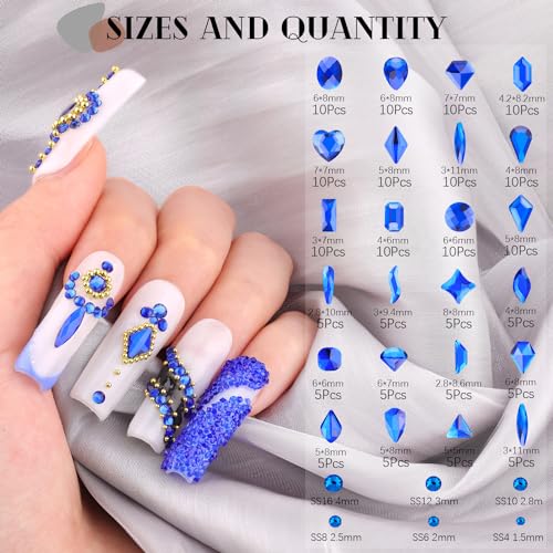 Royal Blue Glass Nail Rhinestones - 1680 Pcs Multi Shapes + 1500 Pcs Round Crystal with Glue Gel for Nail Art - color: Royal Blue with Glue