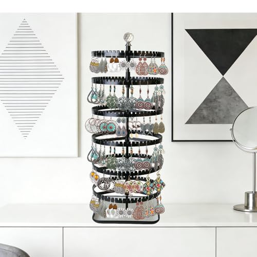IDavosic.ly 6-layer rotating earring holder storage rack, adjustable plastic pendant display stand with 348 grooves on the tree strap, large circular storage tower, black - color: A Black