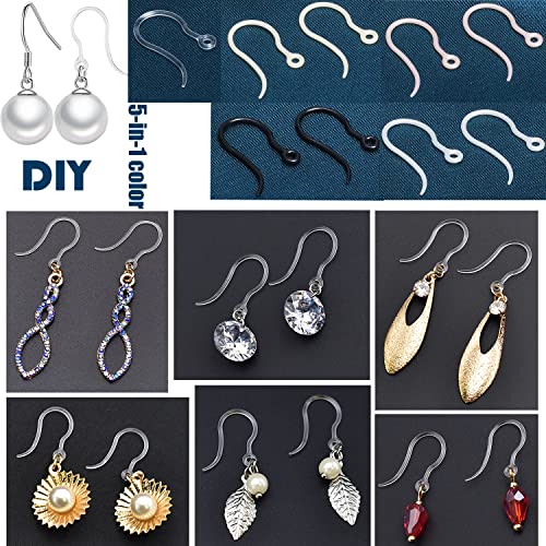60pcs Safety Non-Allergenic Plastic Earring Hooks Ear Wire Anti Allergy Hooks Earring Findings DIY Jewelry Making for Sensitive Ears (5 in 1 Color) - color: 5-in-1 Color Hook 60pcs
