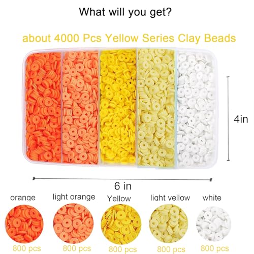 4000pcs Yellow Clay Beads Bracelet Making Kit, 6mm Flat Round Polymer Spacer Heishi Beads for Jewelry Making 4000 (Yellow) - color: Yellow