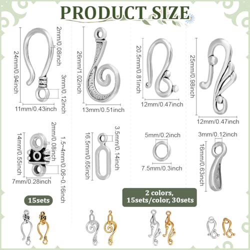 PH PandaHall 120 Sets Tibetan S Hook Ring Toggle Clasps 4 Styles Toggle Jewelry Clasps End Clasps Connectors Jewelry Closure Clasps for Bracelet Necklace Jewelry Making, Antique Silver/Antique Golden