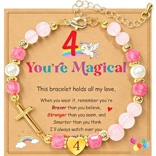 Birthday Number Cross Bracelet for Girls Ages 1-8, Strawberry Quartz & Pearl Beaded Bracelet with Gold-tone Cross & Heart Number, Adjustable Clasp Bracelet, Silver Gift Box - style: 4TH