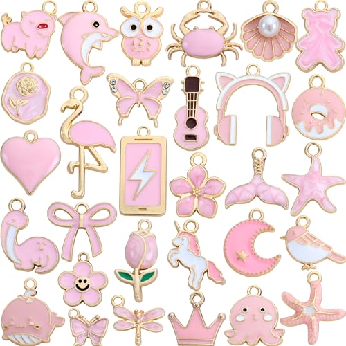 Anjulery 30Pcs Charms for Jewelry Making and Crafting - Assorted Enamel Charms for Bracelets Necklaces Earrings Pendants (Pink) - color: Pink