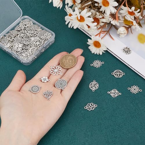 PH PandaHall 120pcs Tibetan Pendent 12 Style Antique Filigree Pendants Alloy Connector Teardrop Heart Lotus Shaped Linking Decoration Pendants for Bracelet Necklace Earring Jewelry Making Diwali