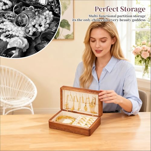Travel Jewelry Case Small Wood Jewelry Organizer Jewelry Box for Women (Nut-Brown Print G) - color: Nut-Brown Print G