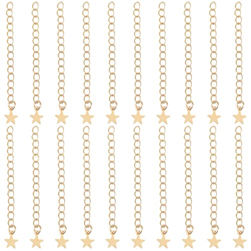 Beebeecraft 1 Box 20Pcs Chain Extender for Jewelry Making 18K Gold Plated with Star Charm Tag Bracelet End Tail Chain Extension 2 Inch for Necklace DIY - color: Gold-star