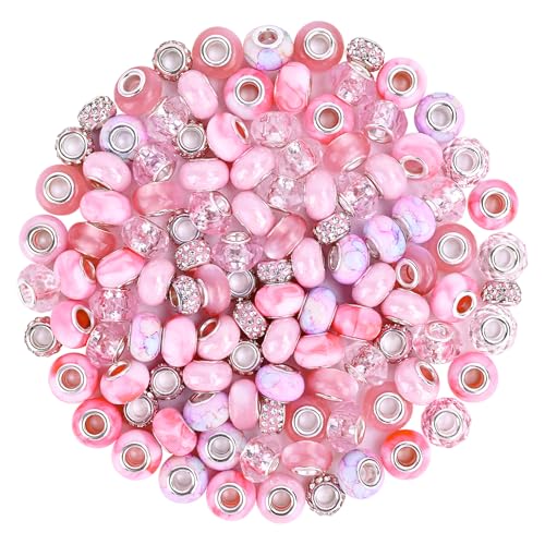 120pcs European Large Hole Beads, Assortments Charm Lampwork Murano Spacer Craft Beads for DIY Charms Bracelet Necklace Earring Jewelry Making Supplies(Pink) - color: Pink