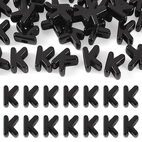 30Pcs Large Hole Letter Beads Black Acrylic European Beads 3D Letters K Chunky Bead Initial Alphabet Bead for Key Chains Bracelets Necklace DIY Craft Bag Charm Kit Arts Projects - color: Black-K