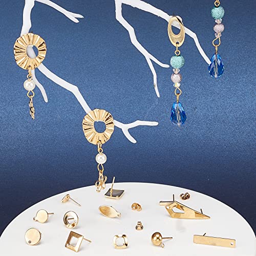 SUNNYCLUE 1 Box 46Pcs 16 Styles Stainless Steel Stud Earring Finding Including 32pcs Hypoallergenic Ear Stud & 14Pcs Ear Nuts for Women Beginners DIY Earring Jewellery Making Crafts, Golden - color: 16 Pairs Golden Tone Stud Earring Findings