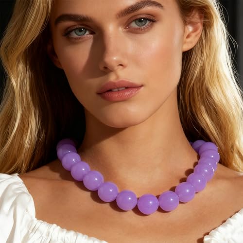 Chunky Acrylic Resin Beaded Necklace for Women Colorful Large Round Choker Adjustable Stack Acrylic Beads Necklace Resin Summer Party Jewelry - style: Purple
