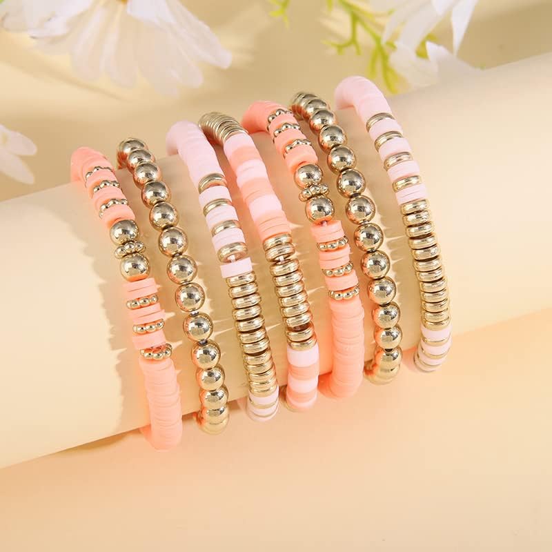 Pingyongchang Heishi Gold Beaded Bracelets Set for Women Men Bohemian Polymer Clay Colorful Surfer Vinyl Disc Stretch Layering Stackable Friendship Boho Bracelet Summer Beach Jewelry Gifts - color: Pink