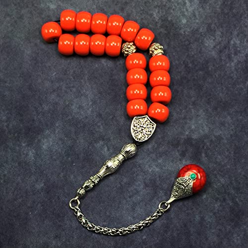Simple Designed Natural Stone Worry Beads - Prayer Tesbih-Tasbih-Tasbeeh-Misbaha-Subha-Sebha-Sibha-Rosary (Candy Apple Red Resin Drum -13X9 mm- 19 Big Beads) - color: Candy Apple Red Resin Drum -13X9 mm- 19 Big Beads