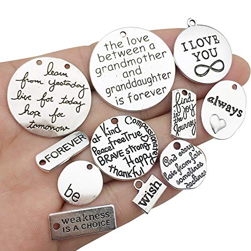 30pcs Inspiration Words Charms Craft Supplies Mixed Pendants Beads Charms Pendants for Crafting Jewelry Findings Making Accessory for DIY Necklace Bracelet (Antique Silver)