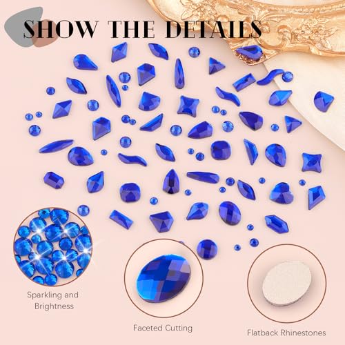 Royal Blue Glass Nail Rhinestones - 1680 Pcs Multi Shapes + 1500 Pcs Round Crystal with Glue Gel for Nail Art - color: Royal Blue with Glue