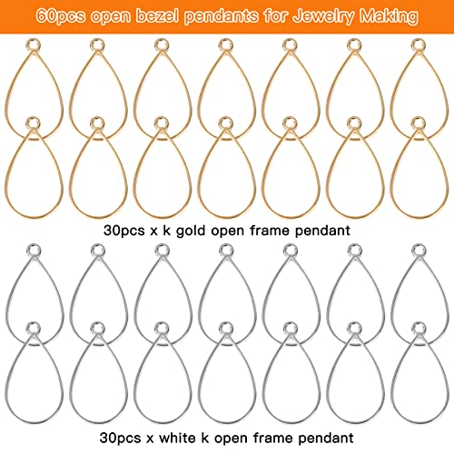 60pcs Open Bezels for Resin,Open Frame Pendant Teardrop Hollow Frame Pendants Open Back Frame Pendant for Pressed Flower,Earrings,Bracelet,DIY Crafts(K Gold,White K) - color: K Gold,White K;Teardrop