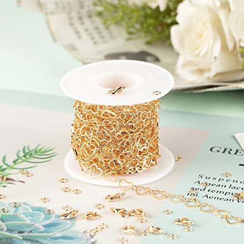 YOUBEIYEE 16.4 Feet Gold Plated Heart Chain Brass Handmade Embossed Link Chains Bulk on Spool with Open Jump Rings Lobster Clasps for Bracelet Necklace Jewelry Making - color: Gold Hollow Heart