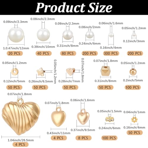 1 Box 1306PCS Imitation Pearl Beads Kit with Round CCB Plastic Heart Star Flower Brass Rhinstone Pendants Loose Spacer Bead Set for Jewelry Making Necklaces Adult DIY Crafts Supplies - color: Gold