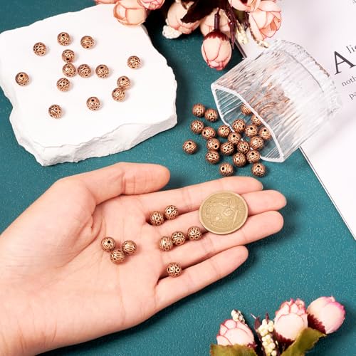 KISSITTY 50Pcs Antique Red Copper Round Iron Beads 8mm Small Hole Loose Metal Corrugated Round Bead Craft Tibetan Style Alloy Spacer Bead for DIY Jewelry Making Findings Charms Pendants