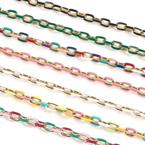 UMAOKANG 2 Meters Colorful Enamel Chain for Jewelry Making Gold Plated Stainless Steel Paperclip Jewelry Chain Roll with Jewelry Findings - color: Pink Green Mixed