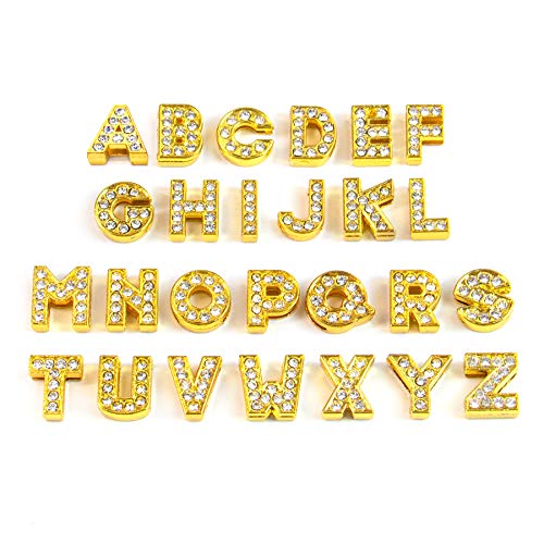 AUEAR, 26 Pack Gold A-Z 8mm Full Rhinestone Slide Charms Crystal Alphabet Letter Alloy for Bracelets Necklace Wristbands DIY Jewelry Making - color: Gold, size: 26 Pack