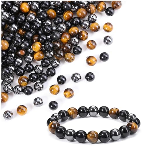 Jovivi 100pcs 8mm Round Stone Beads Mixed - Tiger Eye, Obsidian, Hematite - Polished - Genuine - For Jewelry Making & Crafting - color: Triple - Tiger Eye+Black Obsidian+Hematite