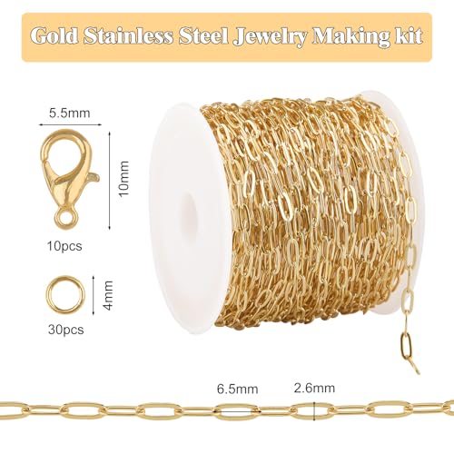 GTVOODX 33 Feet Gold Paperclip Chains for Jewelry Making Oval Soldered Stainless Steel Necklace Bulk Chain Roll Spool for DIY Bracelet Craft Supplies with Lobster Clasps Jump Rings - color: Gold Thin Paperclip Chains