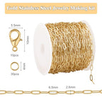 GTVOODX 33 Feet Gold Paperclip Chains for Jewelry Making Oval Soldered Stainless Steel Necklace Bulk Chain Roll Spool for DIY Bracelet Craft Supplies with Lobster Clasps Jump Rings - color: Gold Thin Paperclip Chains