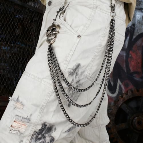 Layered Punk Pants Chain for Men Women, Gothic Hip Hop Jean Chain Wallet Chain Biker Trouser Chain, Goth Emo Fashion Keychain Accessories - color: 3L-Skull