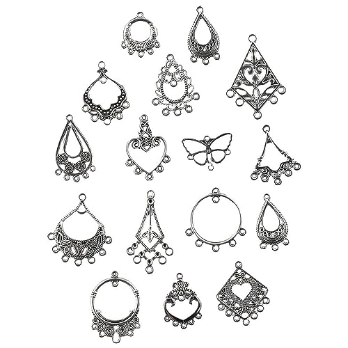60Pcs Tibetan Antique Silver Dangle Chandelier Component Links,15 Styles Alloy Earrings Connector Charms,Hollow Charms Connectors for Jewelry Making
