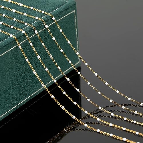 UMAOKANG 33 Feet Chains Bulk on Spool Gold Plated Stainless Steel White Bead Chain for Jewelry Making - color: Gold-White Enamel