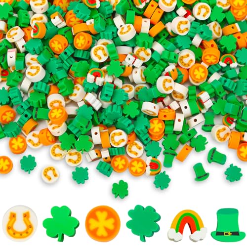 300pcs St. Patrick's Day Polymer Clay Beads Green Shamrock Hat Coins Rainbow Clay Spacer Beads for St. Patrick's Day Jewelry Making DIY Bracelet Necklace Accessories Craft Supplies - color: Green Gold
