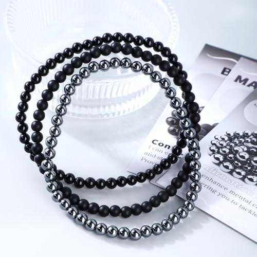 2/3-Pieces 4mm 6mm 8mm Natural Crystal Gemstone – Handmade Reiki Energy Healing Stretch Bracelets Jewelry for Yoga, Meditation, Unisex - color: 3 Pieces (BlackOnyx&Hematite&MatteBlackAgate), size: 4mm