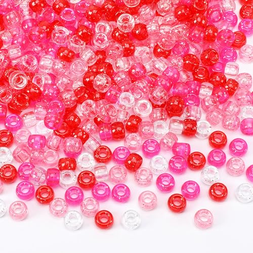 UPINS Valentine's Day Pony Beads, 1200Pcs Glitter Pink Red Round Plastic Craft Pony Beads for Jewelry Making Valentines Party DIY Decoration Necklace Bracelets Romantic Accessories (4 Colors) - color: Glitter Pink Red