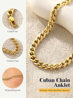 U7 Women Girls Barefoot Jewelry 18K Gold or Rose Gold Stainless Steel Heart/Rope/Figaro/Cuban Chain Anklet Foot Bracelet, 25-30 CM Long - color: Gold Plated-5mm-Curb Chain